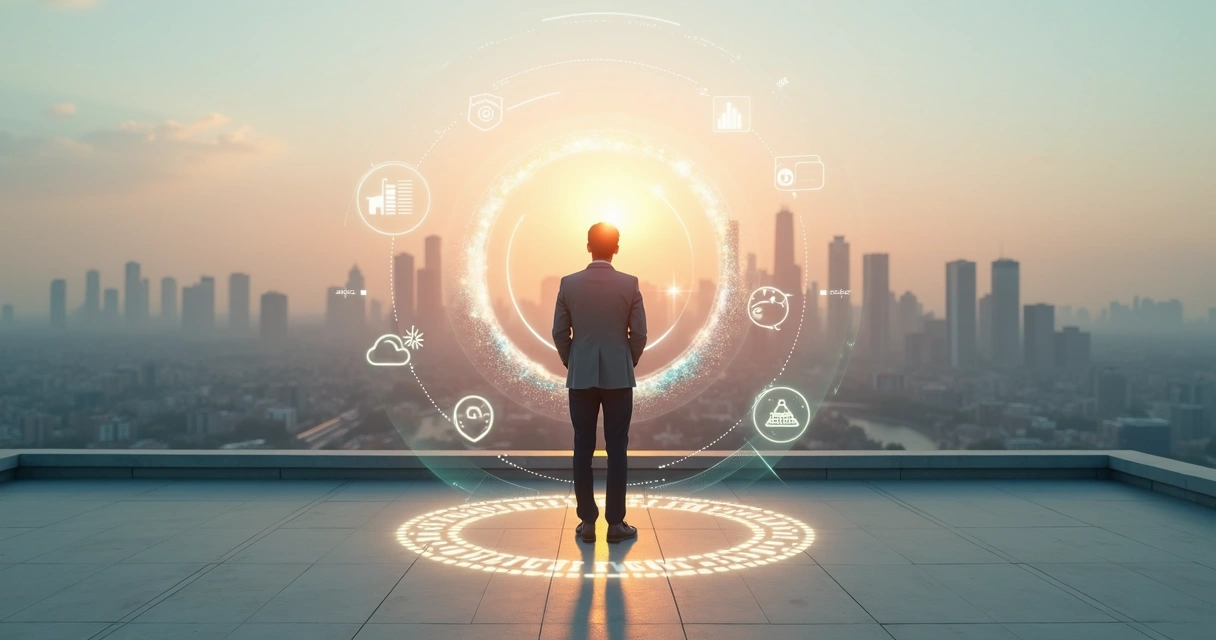 Digital leader on rooftop overlooking layered holographic networks 