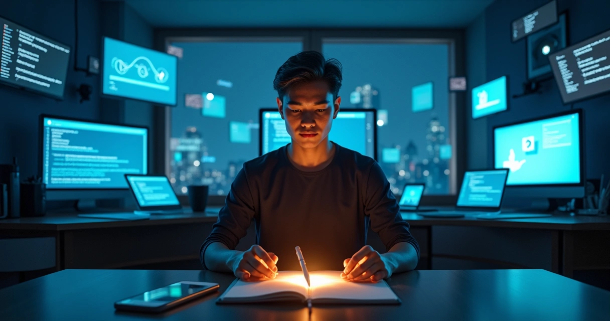 Person surrounded by multiple screens with one clear mindful space in the center 
