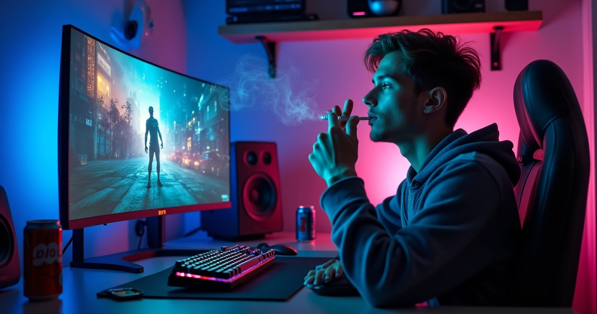 Person holding a cigarette in front of a computer monitor filled with game graphics