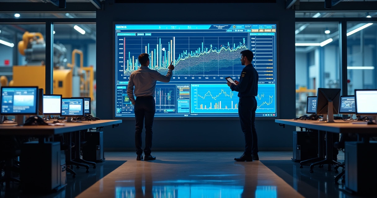 Industrial maintenance dashboard on a large screen with graphs and KPIs 