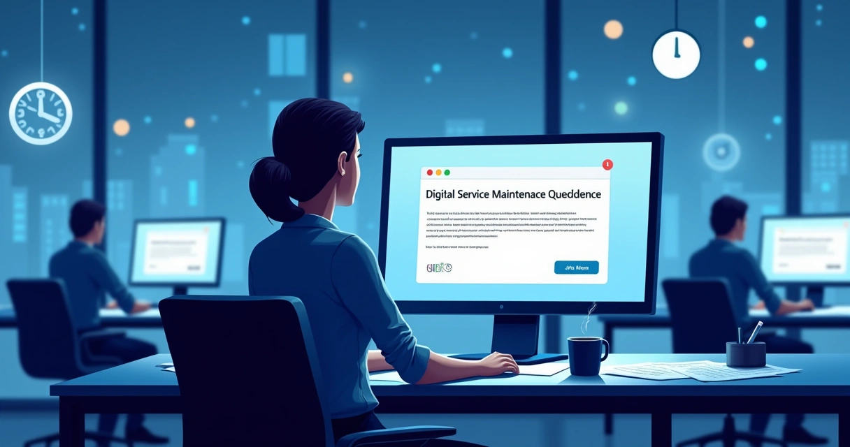 Businesswoman reading maintenance notice on laptop at night 