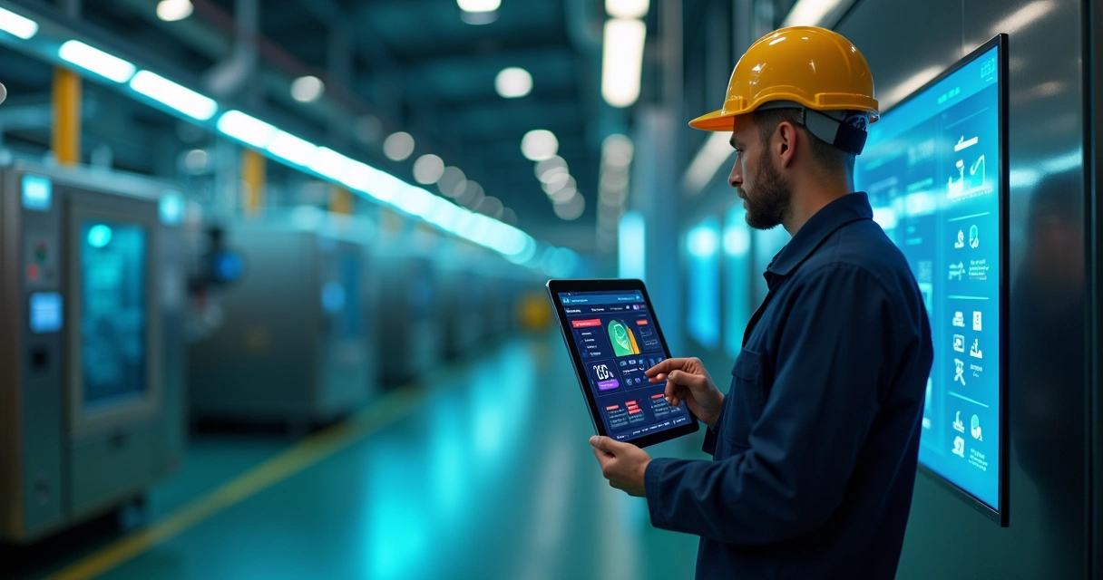 Digital maintenance dashboard on a tablet in a factory setting 