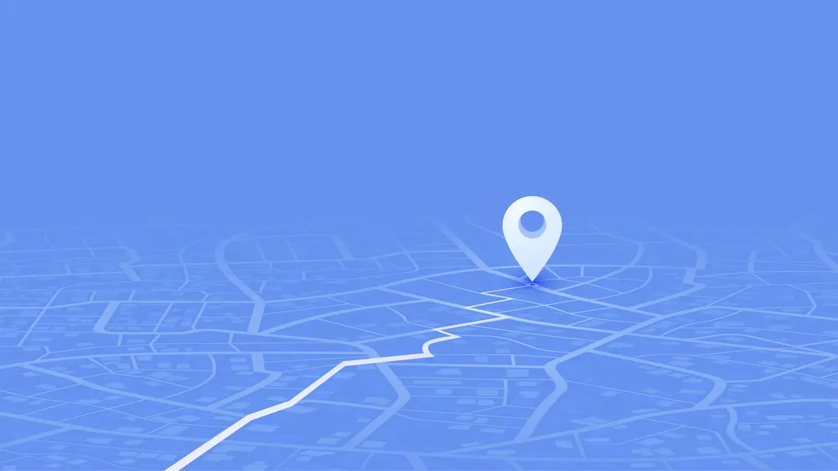 Blue digital map with white location pin and route line