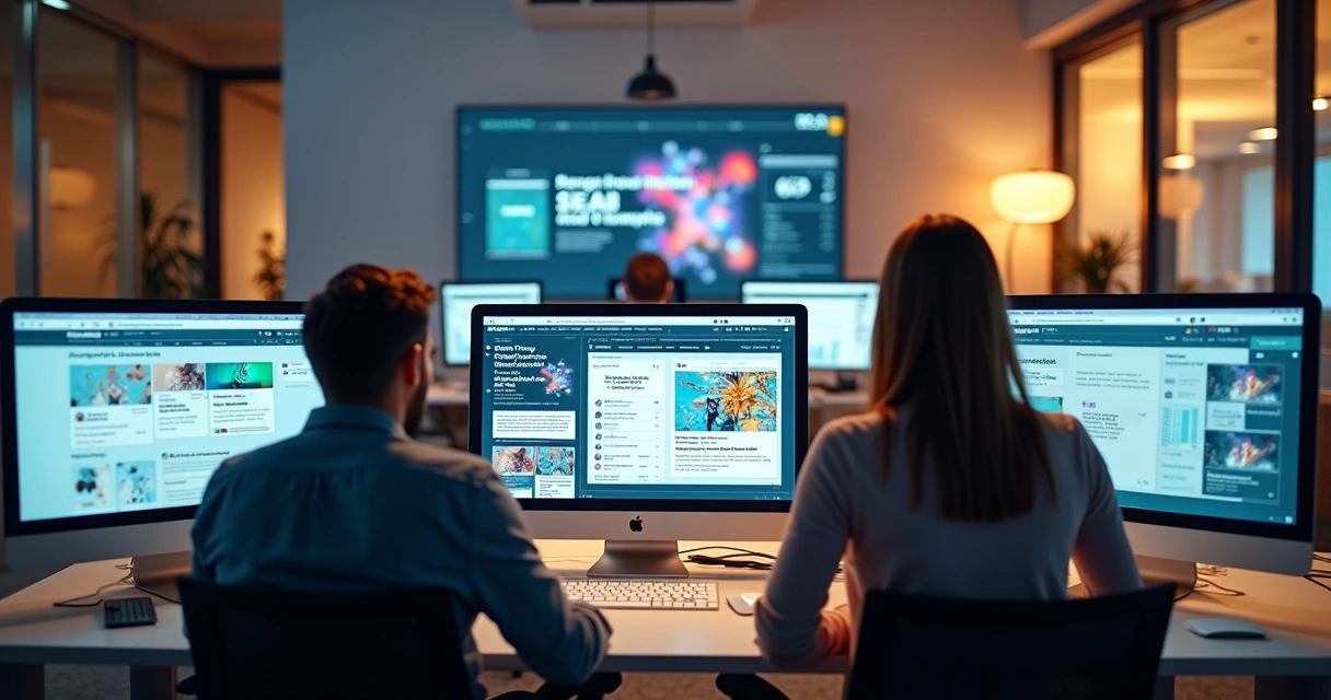 Marketing team using AI platform for fast ad creative production on computer screens 
