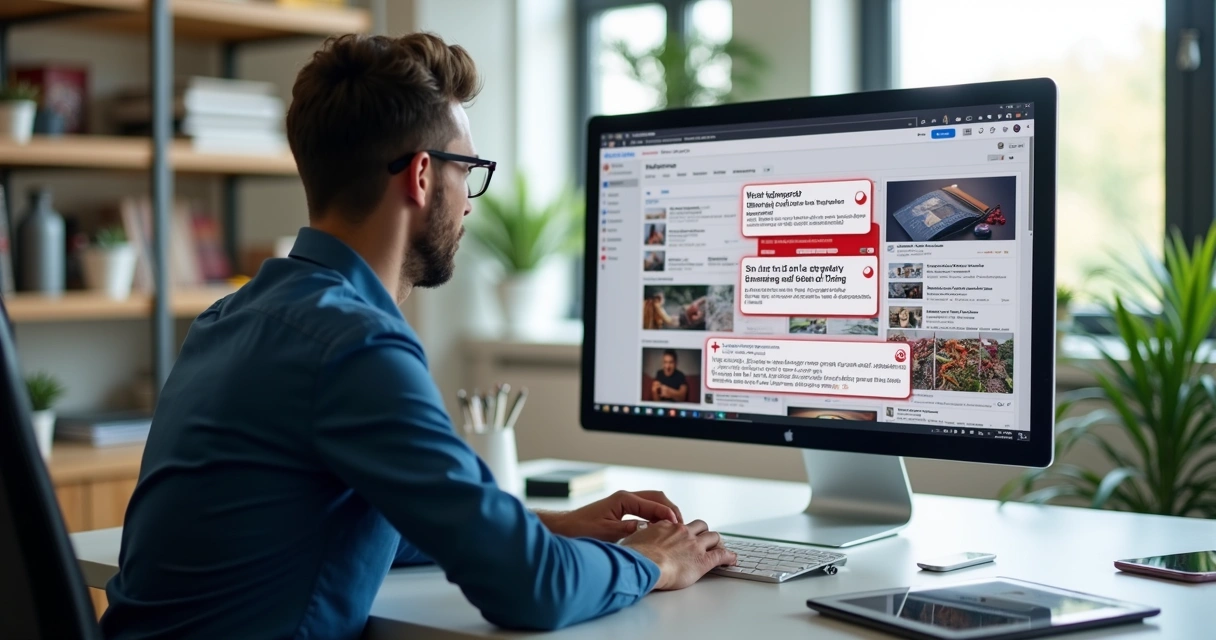 Marketing professional reviewing ad creatives on computer screen with AI error notifications 
