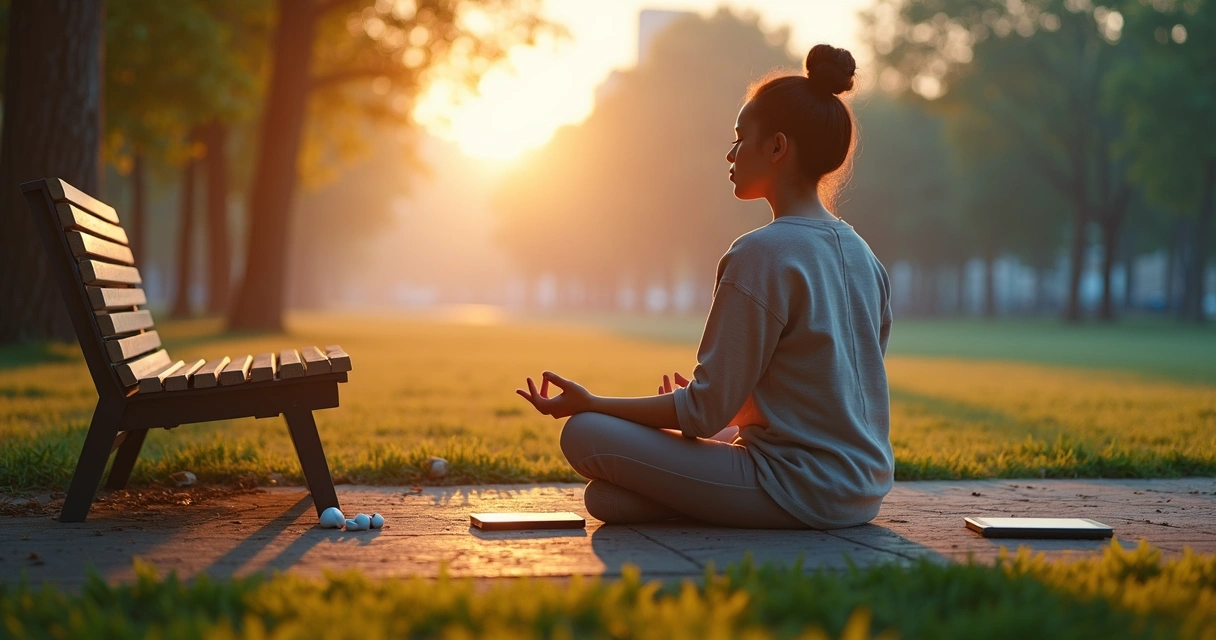 Person meditating in a park at sunrise with phones dissolving into light 