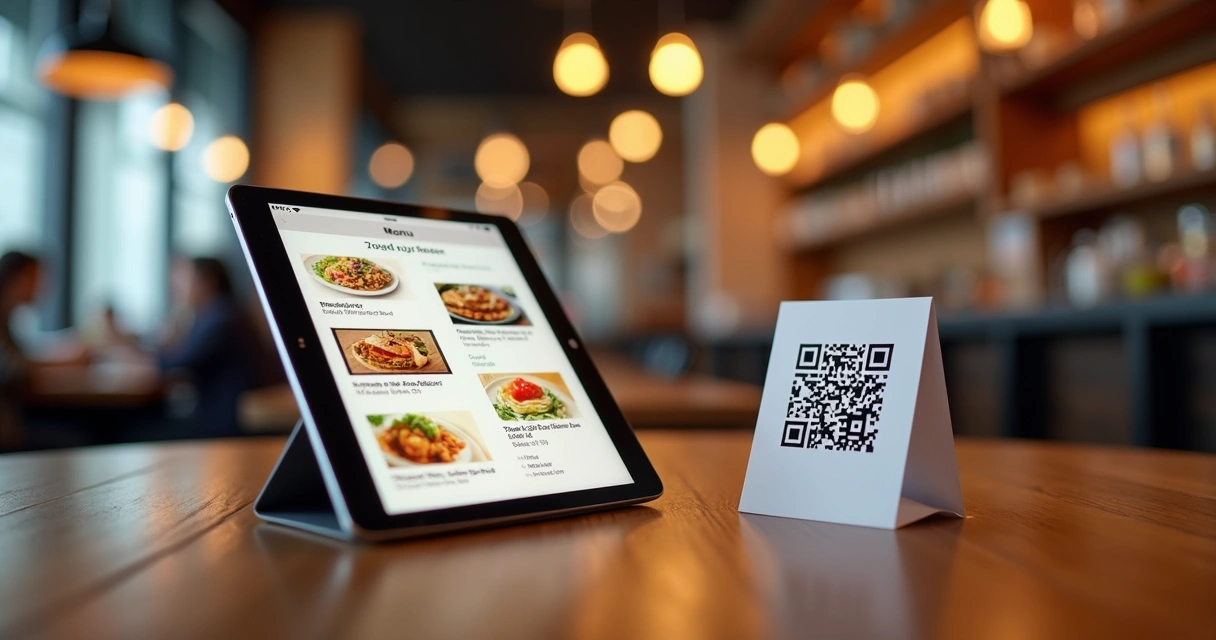 Digital restaurant menu on a tablet next to a printed QR code card on a table 