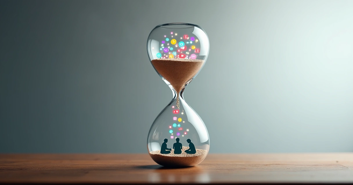 Hourglass filled with glowing icons transforming into focused people reading 