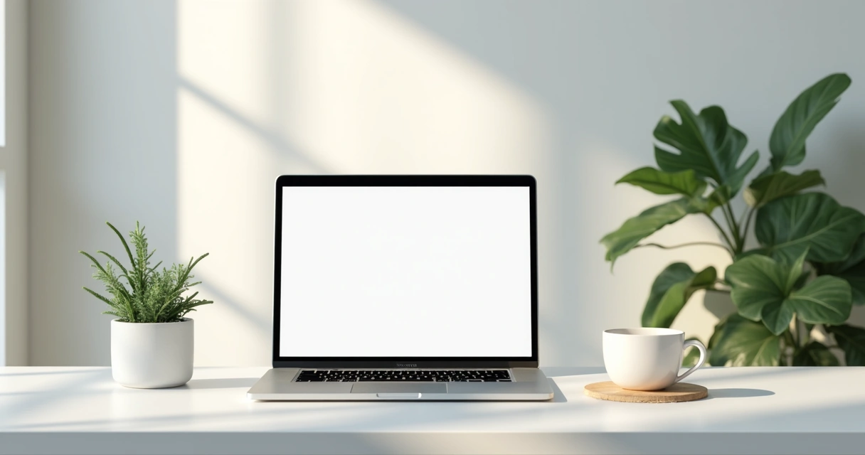 Ilustração de um espaço de trabalho digital organizado com poucos ícones e uma xícara de chá.