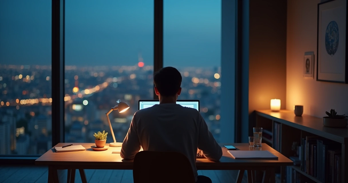 Calm person at minimalist desk with single screen and city lights blurred outside 