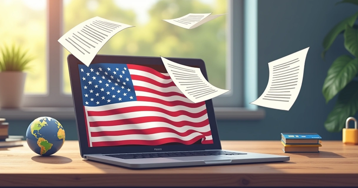 Digital mortgage process illustration with international documents and secure online signing 