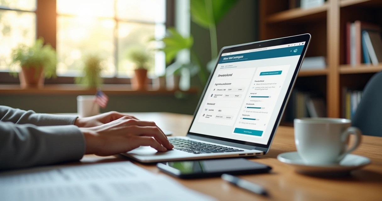 Person using laptop to complete US mortgage application remotely 