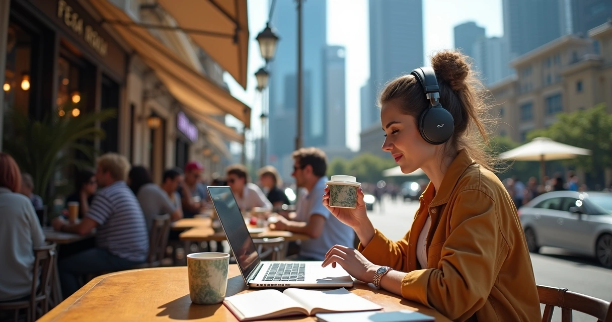 Freelancer with laptop in an outdoor cafe with a city view 