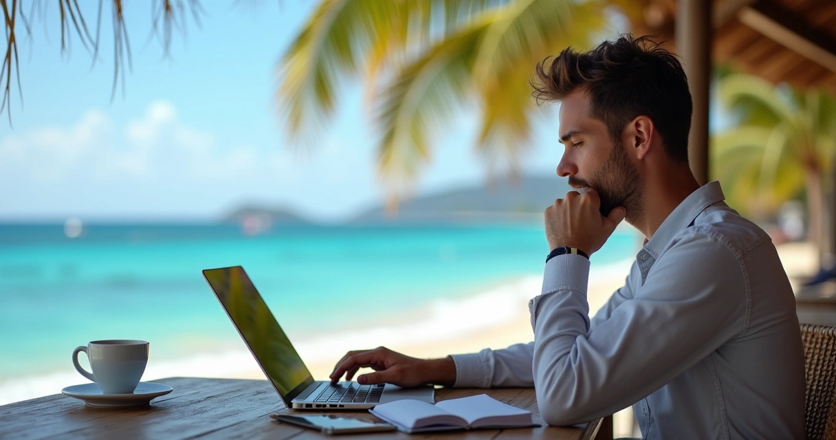 Remote CTO working from a beachside café with a laptop. 