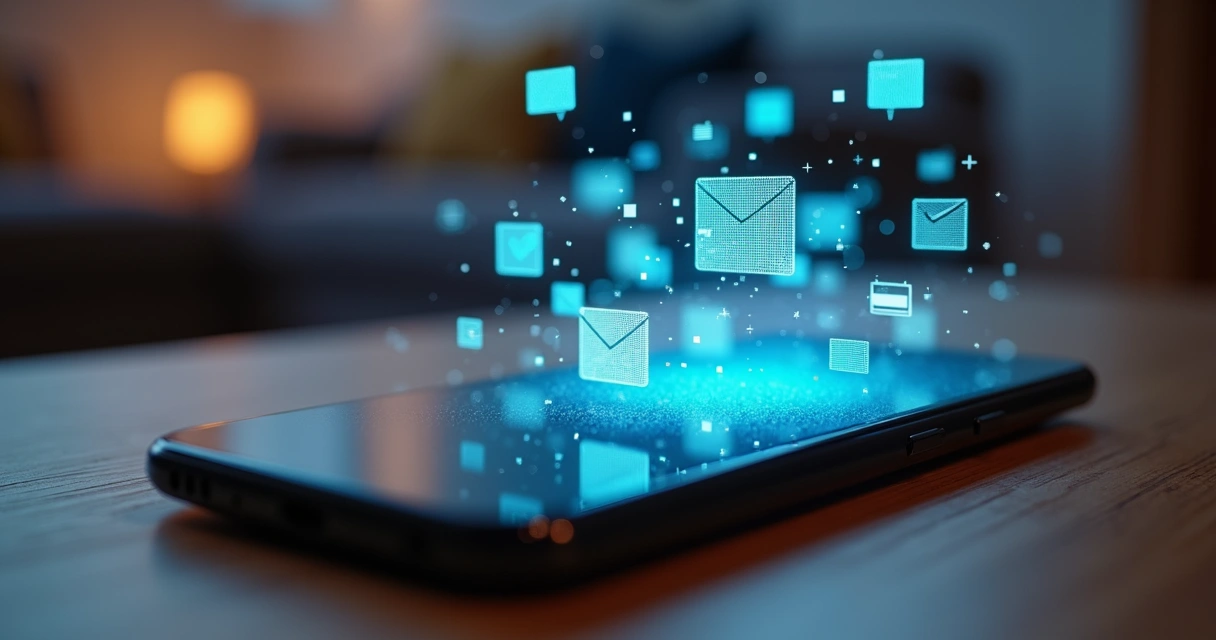 Phone on table surrounded by message and email notifications