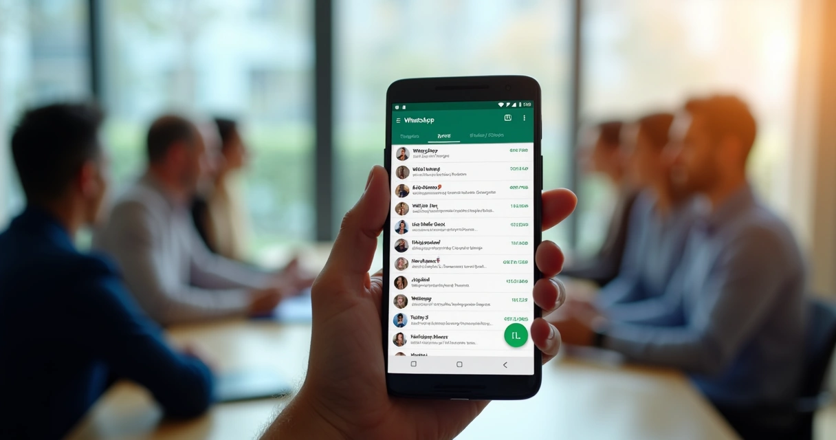 Pessoa segura celular com tela exibindo grupo de WhatsApp com muitos membros