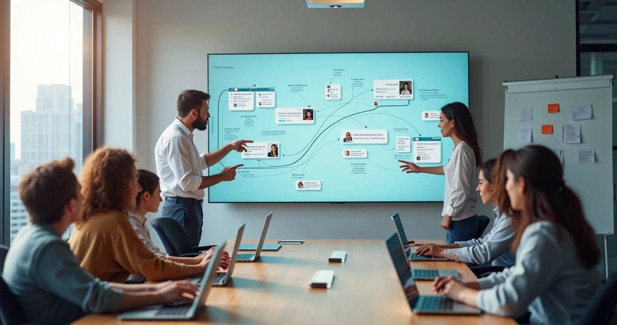 Multicultural team in office co-creating a glowing digital onboarding journey on a large screen 