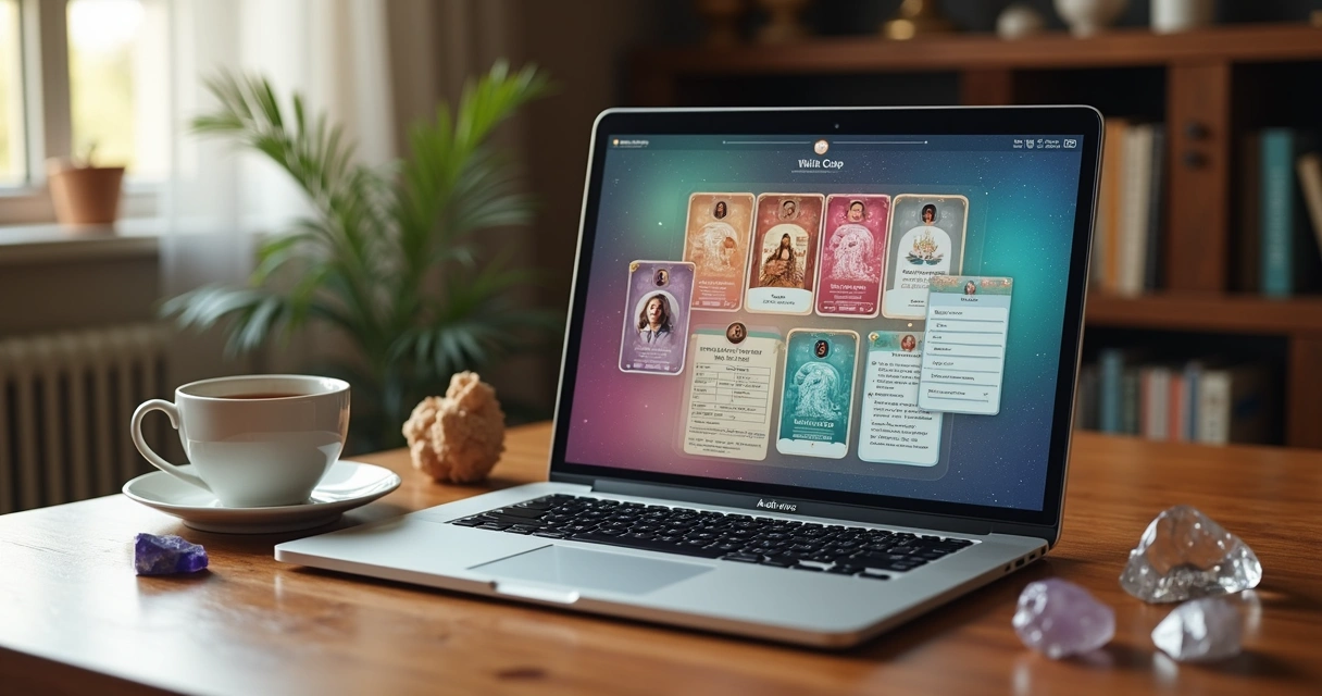 A computer screen displaying a digital oracle card reading with organized notes and client profiles. 