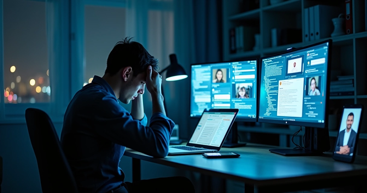 Person overwhelmed by multiple digital screens in a dark room 