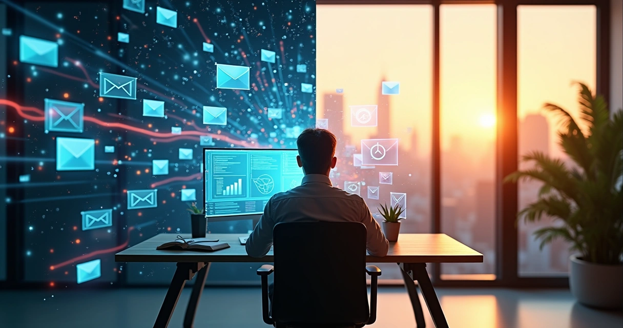 Office leader meditating calmly beside tangled digital cables and screens 