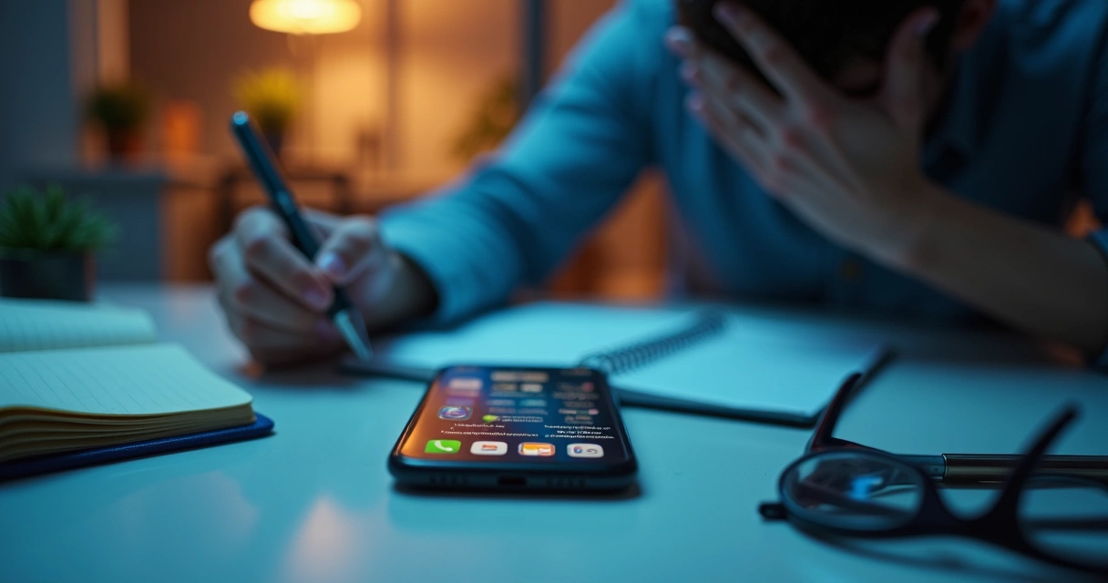 Smartphone with heavy notifications beside an overwhelmed person