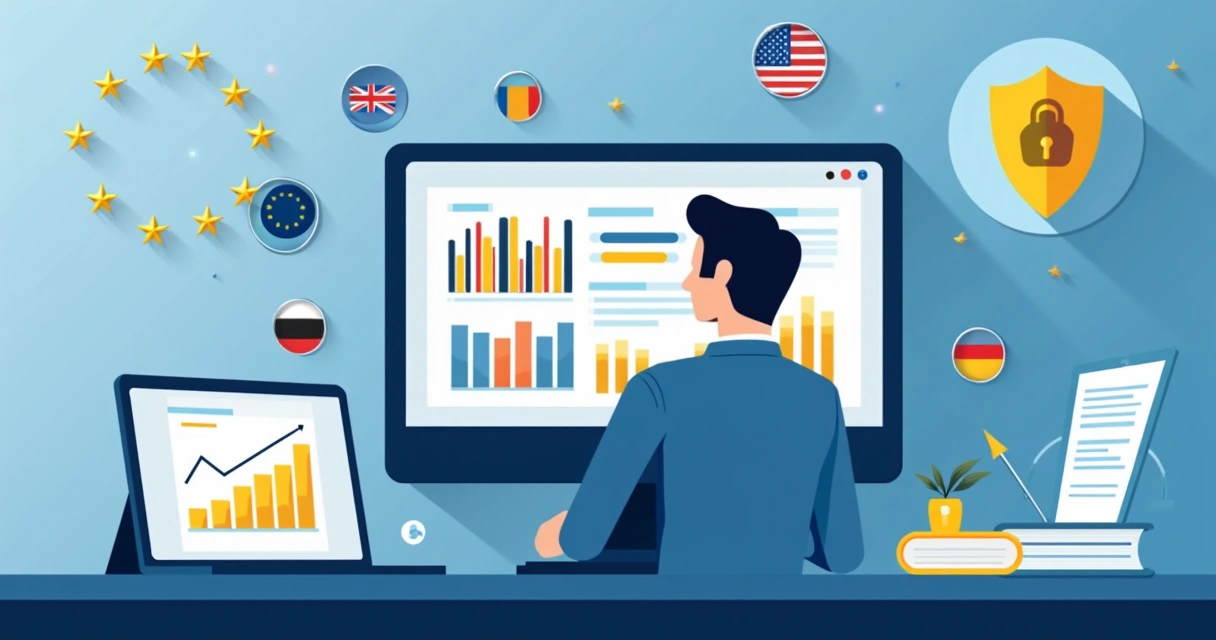 Employee reviews digital payroll report on computer screen with European flags in background. 