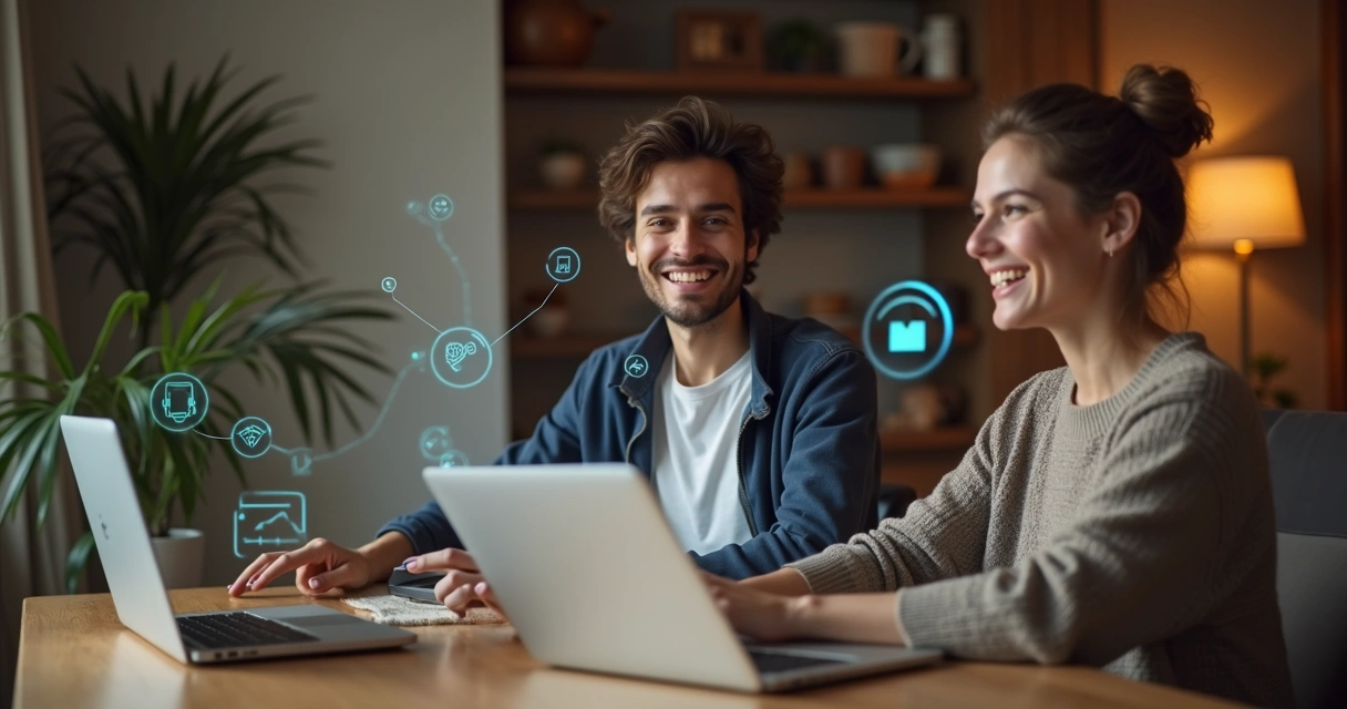 Two people, one using a laptop and another sitting across a table, both smiling and interacting 