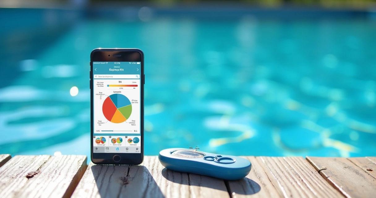 Digital pool test kit with smartphone beside pool 