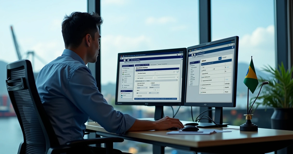 Person at modern workstation handling digital port clearance forms with Brazilian flag and port in background