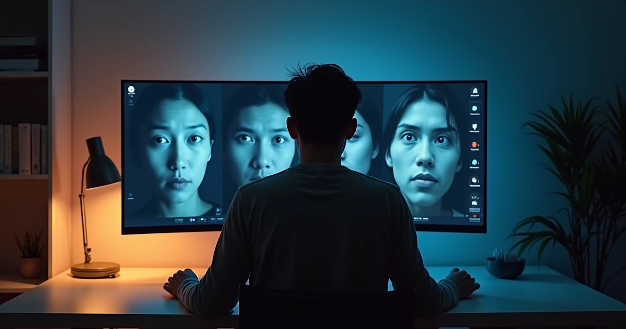 Young adult at computer with multiple blurred self-reflections on screen 
