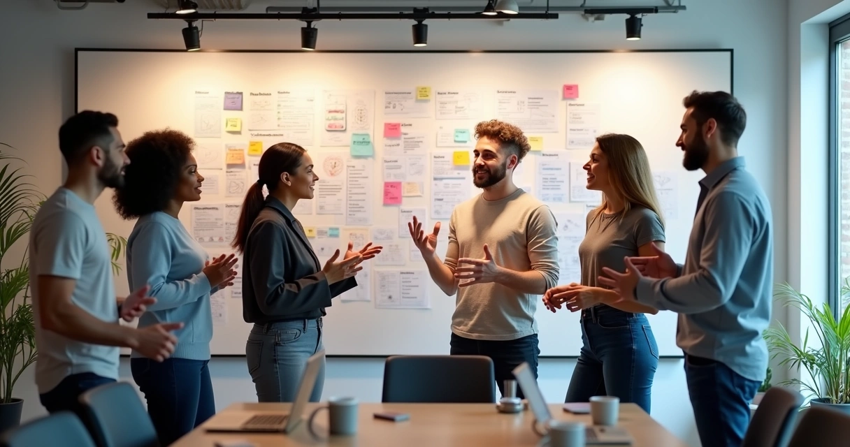 People brainstorming in front of sticky notes and digital wireframes on a wall