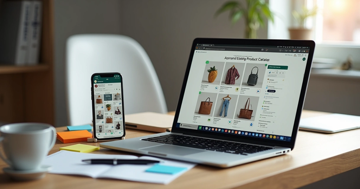 Top view of a vibrant digital product catalog open on a laptop screen with colorful product images, next to a smartphone showing WhatsApp chat, on a wooden desk with office supplies 