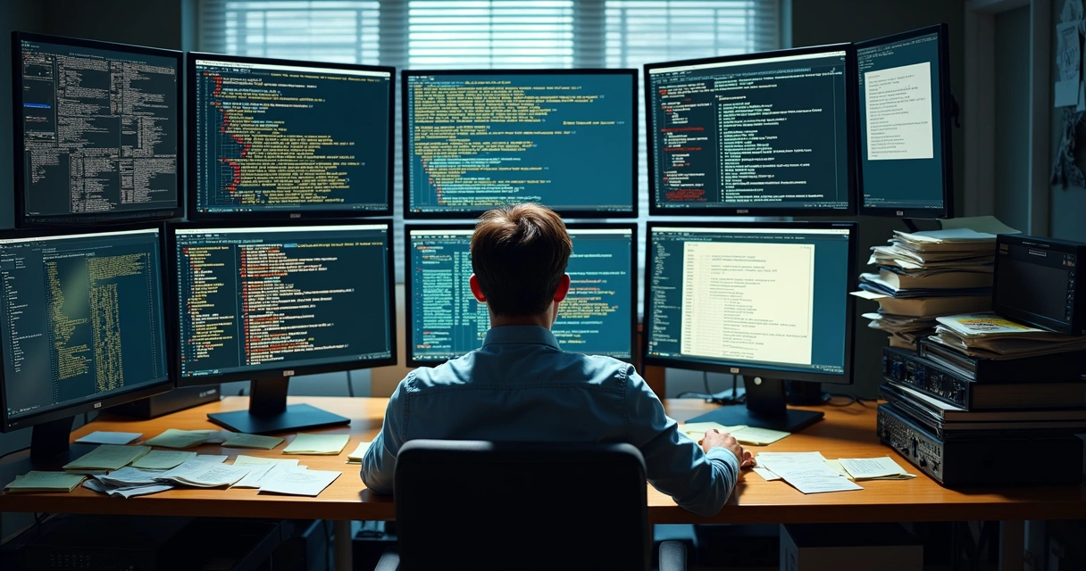 Developer sitting at a desk surrounded by screens with tangled code lines and sticky notes. 
