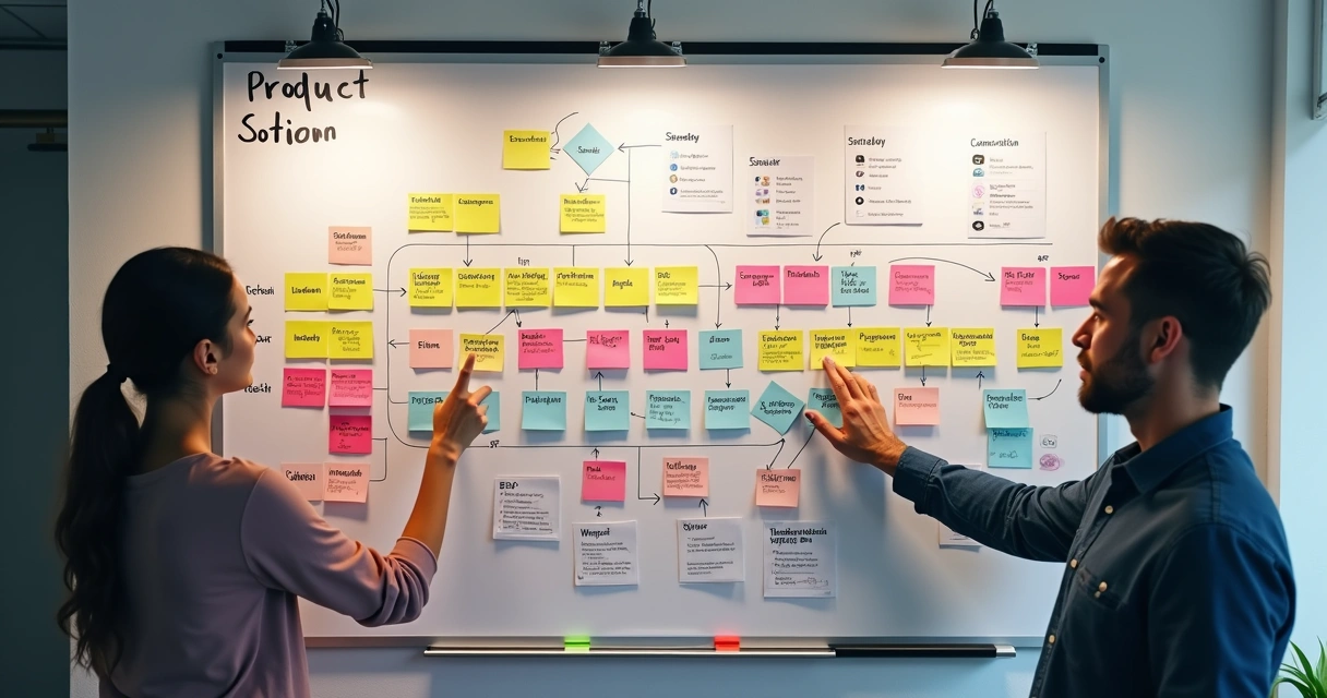Digital product roadmap on whiteboard with post-its and workflow 