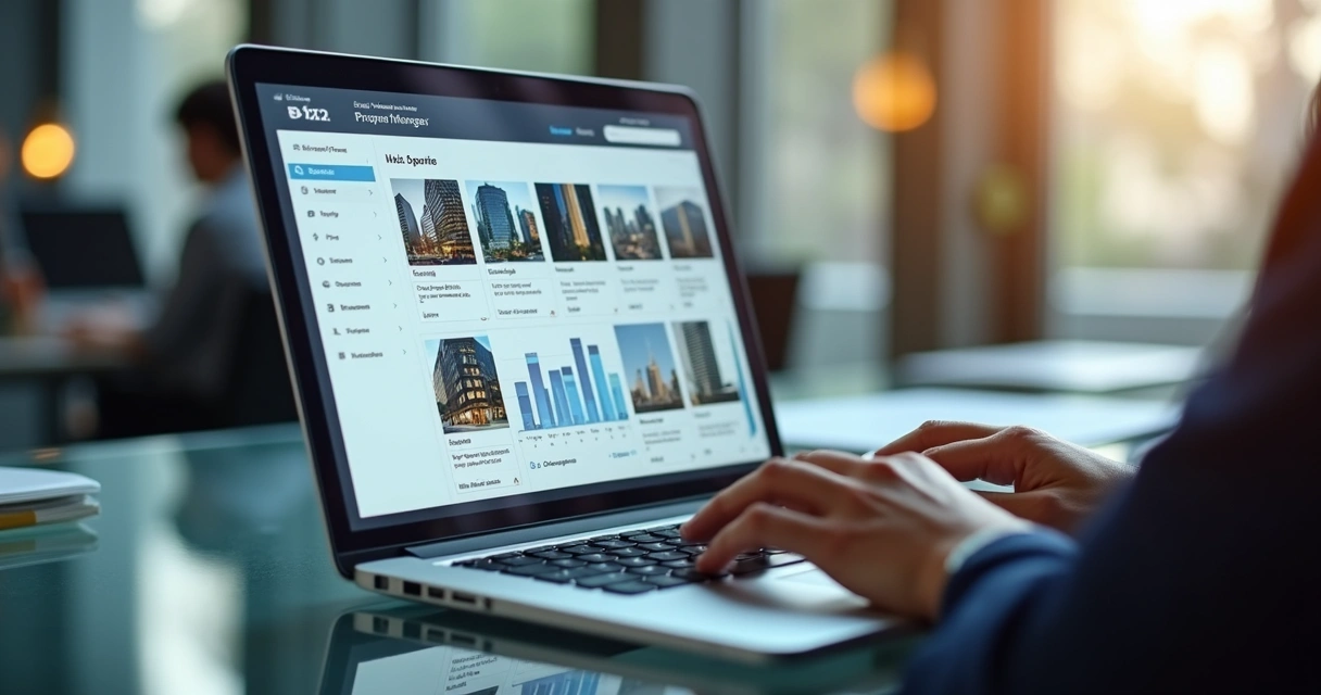 Digital property management dashboard with key data visualizations on a laptop screen, hands typing on keyboard. 