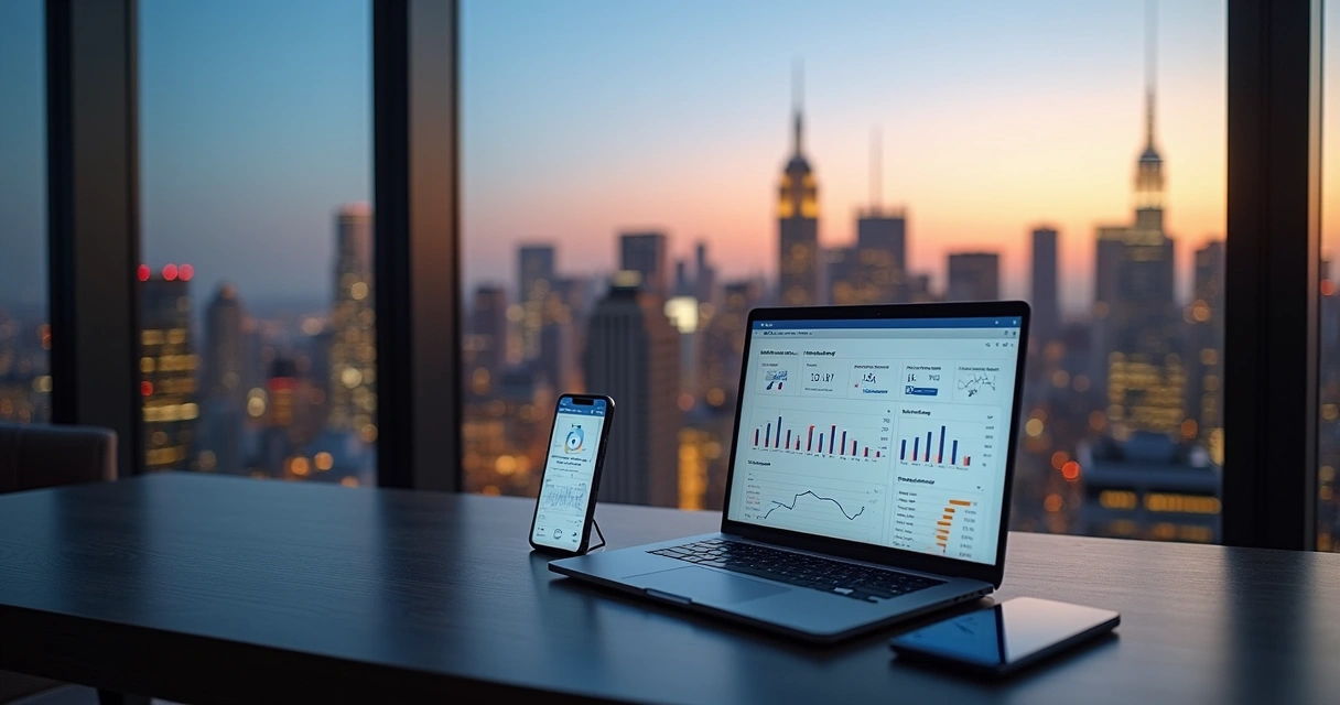 Laptop with digital property dashboard in front of New York City skyline 