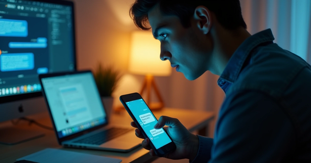 Person pausing before replying to a reactive message on a smartphone 