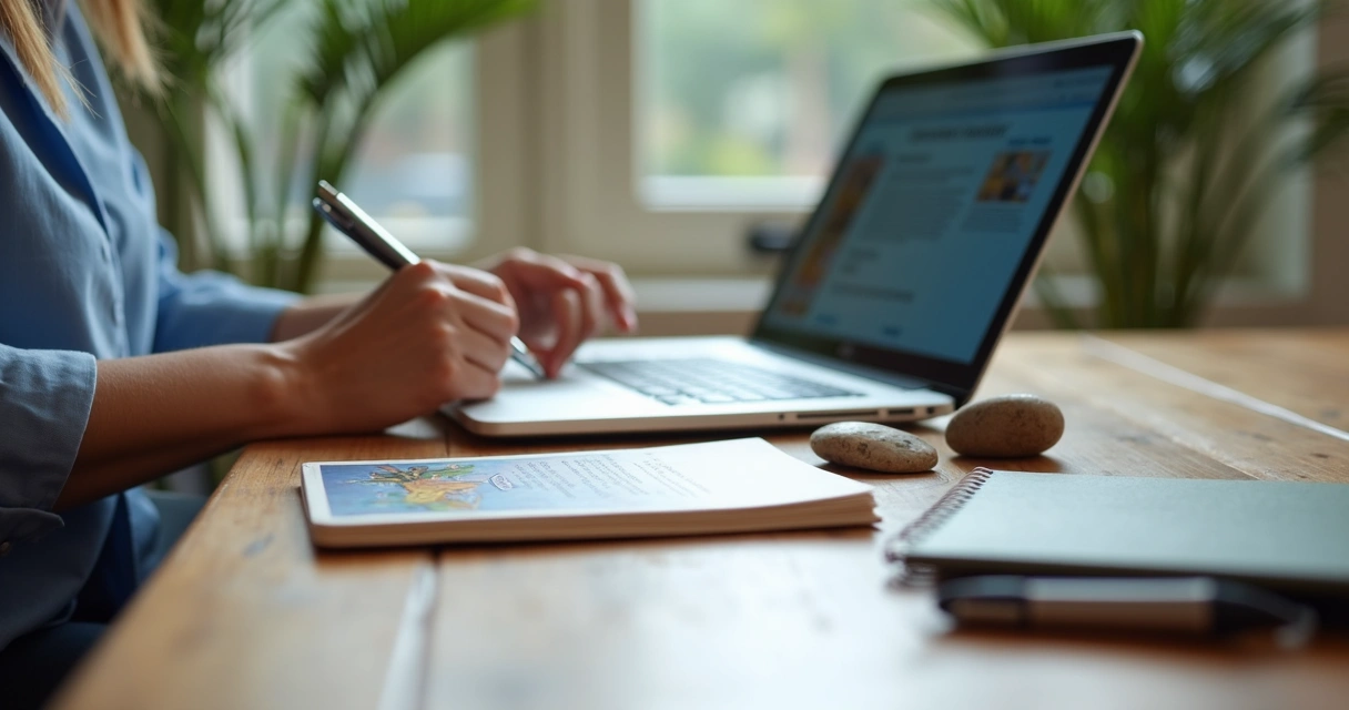 Reader recording Tarot session notes on a laptop beside cards 