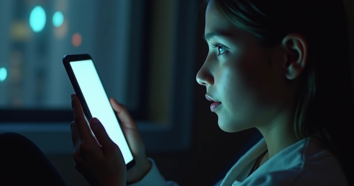 Person looking at phone reflection in dark room 