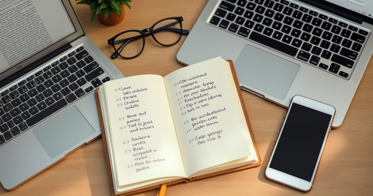 Notebook beside laptop with checklist for mindful screen use 