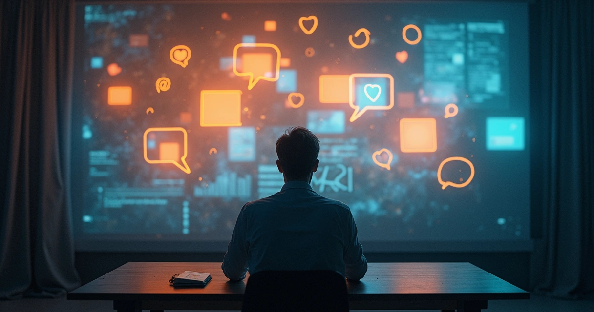 Person calmly using laptop with social media and speech bubbles around 