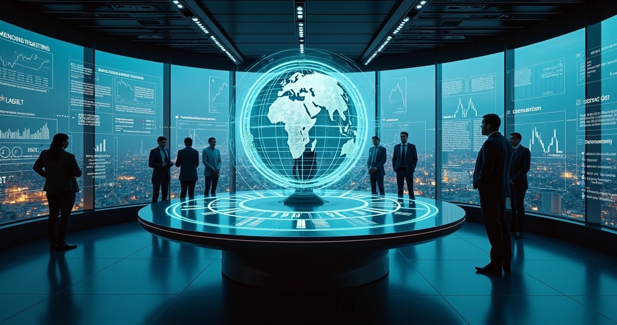 Control room with global financial data holograms 