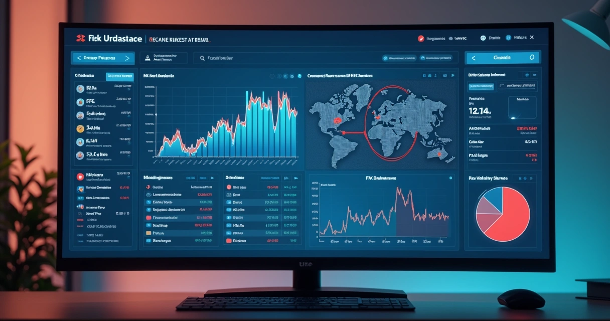 Digital risk management dashboard displaying unified commodity, FX, and interest rate charts, modern and sleek interface 
