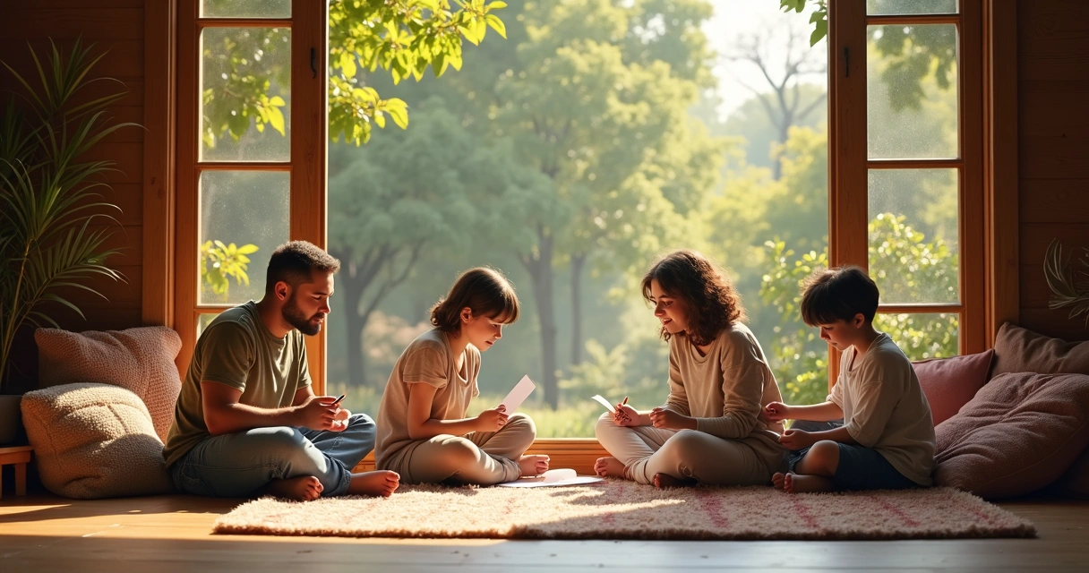 Family sitting together on floor by large window, talking and drawing, with no devices in sight 