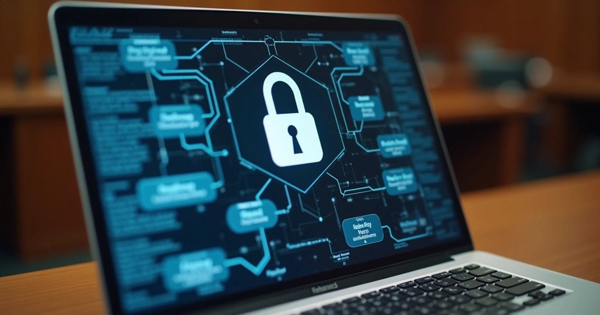 Close-up of a laptop with cybersecurity symbols on screen in a courtroom setting 