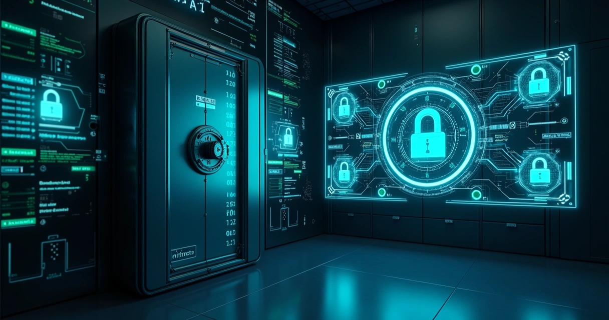 High-tech digital security vault with holographic access controls and secure data storage interface 