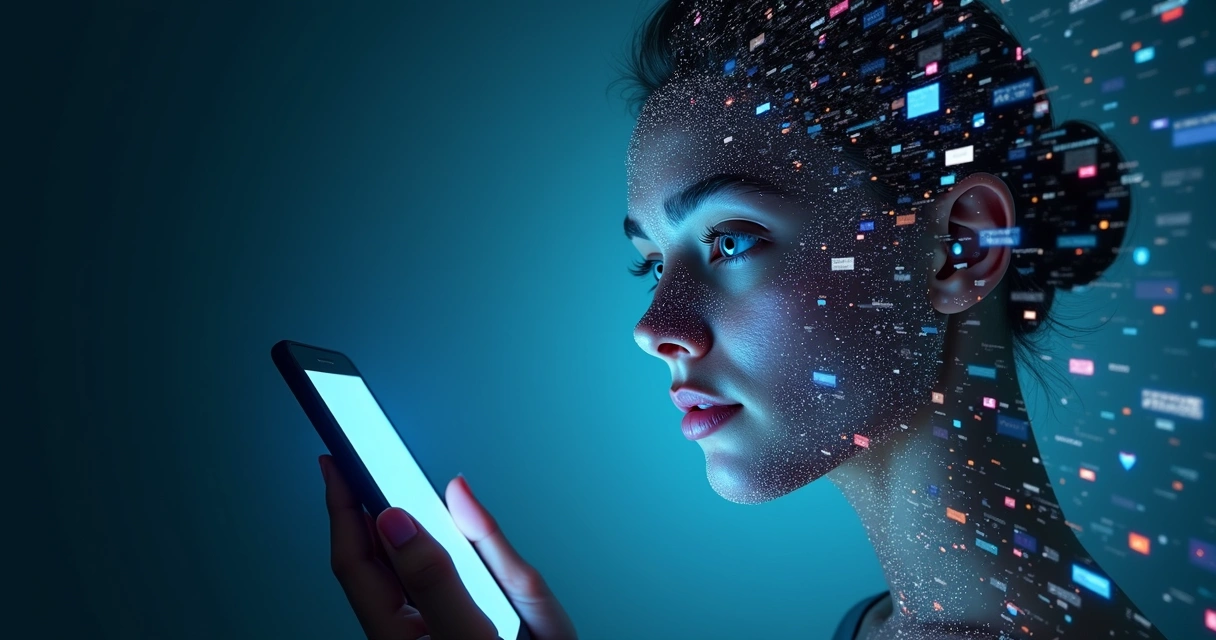 Human face dissolving into floating digital shards around a smartphone 