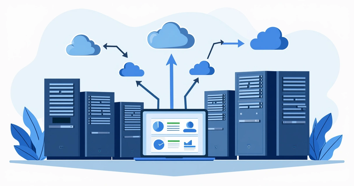 Stylized digital illustration of servers and cloud backups representing a system failover test. 