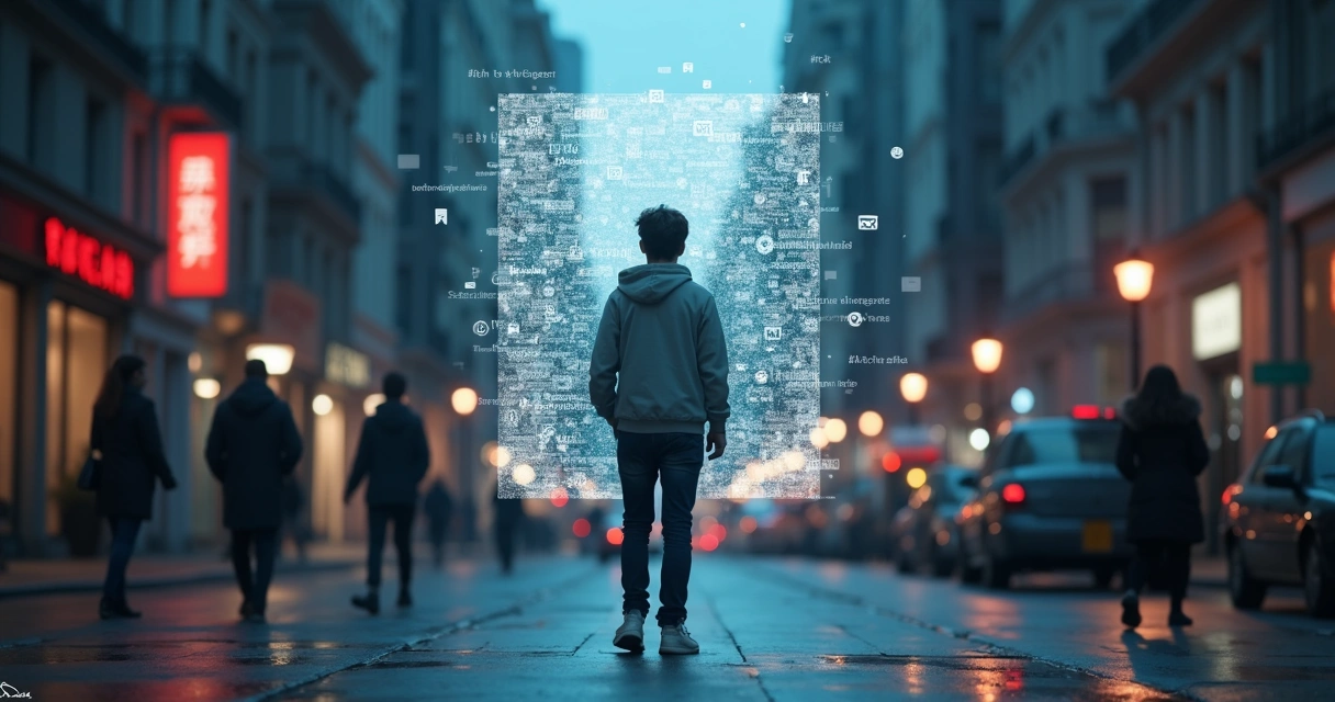 Young person staring at distorted digital mirror made of social media icons 
