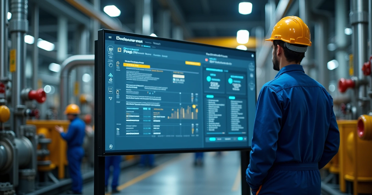 Engineer monitoring shutdown progress on digital dashboard with factory background 